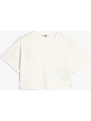 Koton Crop Tişört Kalpli Kısa Kollu Bisiklet Yaka Pamuklu