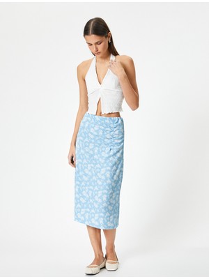 Koton Çiçekli Midi Kalem Etek Drape Detaylı Yüksek Bel Rahat Kalıp Dokulu