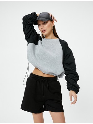 Koton Crop Sweatshirt Renk Bloklu Beli Ayarlanabilir Lastikli Bisiklet Yaka