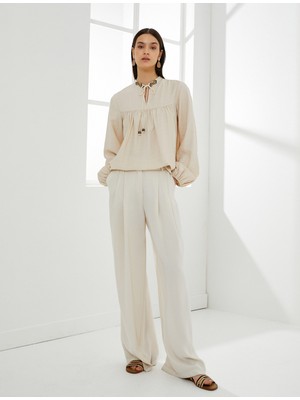 Koton Balon Kol Bluz Bağcıklı Hakim Yaka Boncuk Işlemeli Viskon