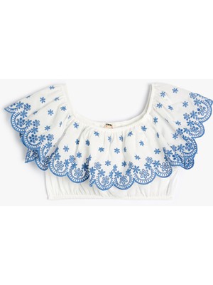 Koton Crop Bluz Düşük Omuz Fırfırlı Işlemeli