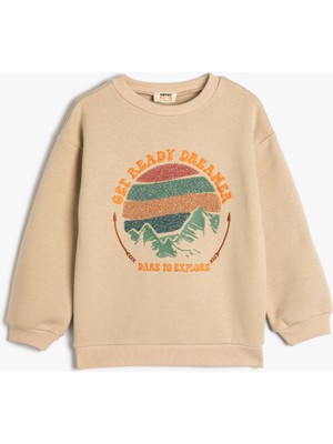 Koton Sweat Uzun Kollu Bisiklet Yaka Doğa Temalı Işlemeli Şardonlu