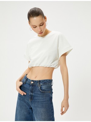 Koton Crop Tişört Etek Ucu Lastikli Kısa Kollu Bisiklet Yaka Pamuklu