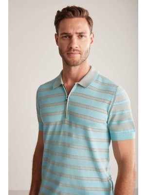 Hemington Fermuar Detaylı Çizgi Desenli Turkuaz Triko Polo