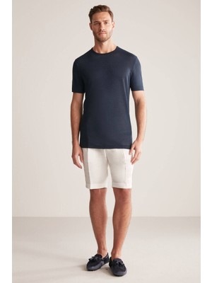 Hemington Saf Keten Lacivert Bisiklet Yaka T-Shirt