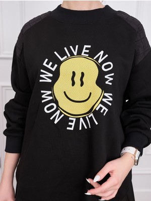 Smile Baskılı Siyah Sweatshirt