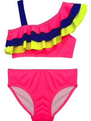 Neon pembe renkli volanlı kız çocuk bikini takım DB200617BT