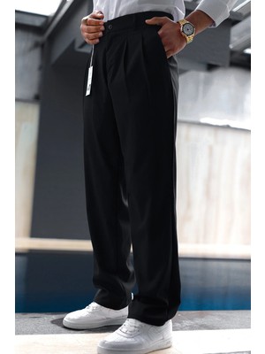 Hello7 Baggy Çift Pileli Siyah Pantolon Rahat Kalıp Klasik Yeni Sezon