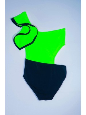 Neon Yeşil Kolu Volan Detaylı Kız Çocuk Mayo Db200566cm