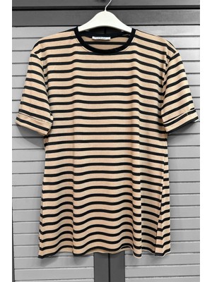 SFG Life Moda Kadın Bisiklet Yaka ve Kolu Duble Kol Eteği Yırtmaçlı Çizgili T-shirt Tunik