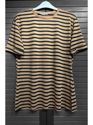 SFG Life Moda Kadın Bisiklet Yaka ve Kolu Duble Kol Eteği Yırtmaçlı Çizgili T-shirt Tunik