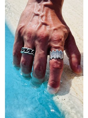 CAPO By Aytaç Yamaç Kalın Zincir ve Geometrik Alyans 2'li Ayarlanabilir Eskitme Gümüş Kaplama Yüzük Seti