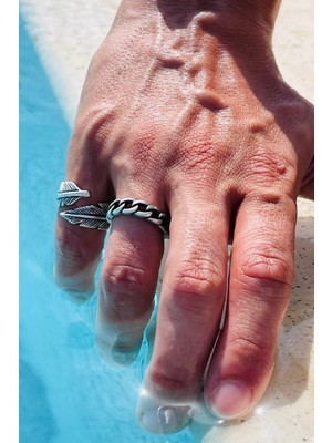 CAPO By Aytaç Yamaç Boho Tüy ve Ince Zincir Figürlü 2'li Ayarlanabilir Eskitme Gümüş Kaplama Yüzük Seti