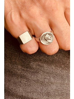 CAPO By Aytaç Yamaç Ikili Antik Madalyon Para ve Üstü Düz Şövalye Serçe Parmak Yüzük Seti