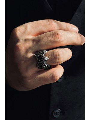 CAPO By Aytaç Yamaç Uçan Kartal Figürlü Ayarlanabilir Eskitme Gümüş Kaplama Yüzük