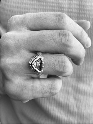 CAPO By Aytaç Yamaç Diamond El Illuminati Tek Göz Sembolü Ayarlanabilir Eskitme Gümüş Kaplama Biker Yüzük Motorcu Tarzı