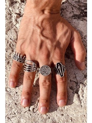 CAPO By Aytaç Yamaç Ayarlanabilir 4'lü Yüzük Seti Hz Süleyman Mührü Tabut Kurukafa El Kral Tacı