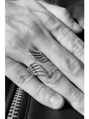 CAPO By Aytaç Yamaç Melek Kanadı Figürlü Ayarlanabilir Gümüş Kaplama Eskitme Unisex Yüzük