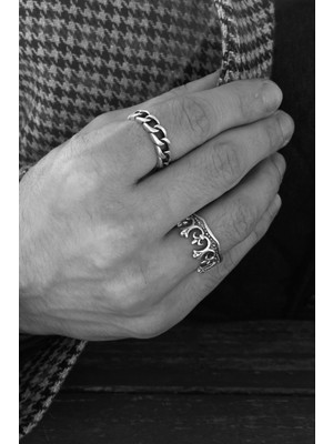 CAPO By Aytaç Yamaç Antik Kral Tacı ve Ince Zincir Figürlü Ikili Yüzük Seti Ayarlanabilir Eskitme Gümüş Kaplama