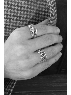 CAPO By Aytaç Yamaç Antik Kral Tacı ve Zümrüdü Anka Kuşu Figürlü Ikili Yüzük Seti Ayarlanabilir Eskitme Gümüş Kaplama