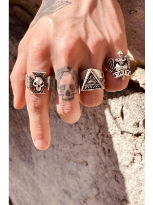 CAPO By Aytaç Yamaç Ayarlanabilir 3lü Yüzük Seti Vintage Illuminati Oldschool Kalp Haçlı Kurukafa