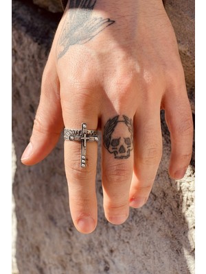 CAPO By Aytaç Yamaç Vintage Görünümlü Nokta Desenli Haç Ayarlanabilir Eskitme Gümüş Kaplama Yüzük