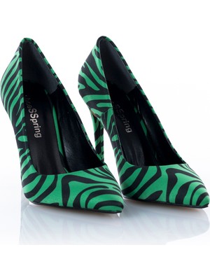 ShoeSSpring Ince Topuklu Yeşil Zebra Desenli Stiletto