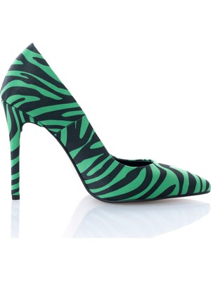 ShoeSSpring Ince Topuklu Yeşil Zebra Desenli Stiletto