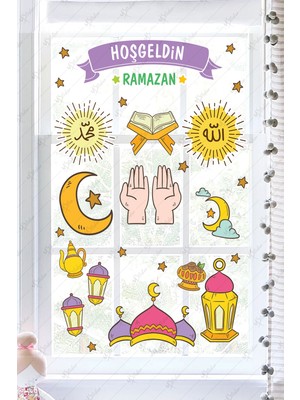 Tekno Trust Çok Renkli Hoşgeldin Ramazan Dua Cami Ay Fener Figürleri Cam Duvar Dekorasyon Sticker Seti Ramazan