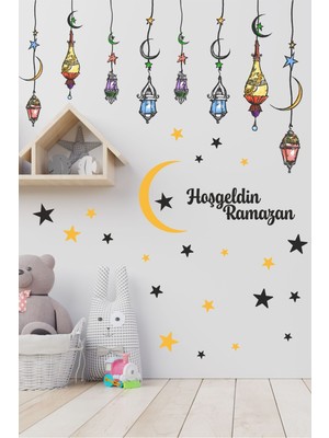 Tekno Trust Bebek / Çocuk Odası Hoşgeldin Ramazan Renkli Fener Sarkıt Cam Duvar Dekorasyon Sticker Çıkartma Set