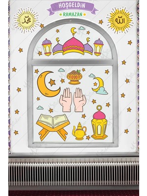 Tekno Trust Çok Renkli Hoşgeldin Ramazan Dua Cami Ay Fener Figürleri Cam Duvar Dekorasyon Sticker Seti Ramazan