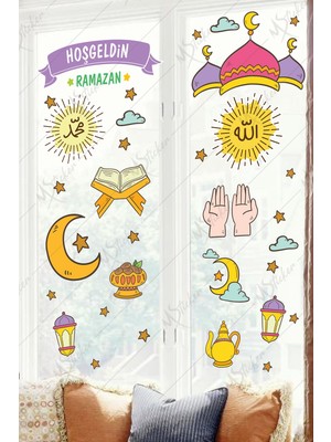 Tekno Trust Çok Renkli Hoşgeldin Ramazan Dua Cami Ay Fener Figürleri Cam Duvar Dekorasyon Sticker Seti Ramazan