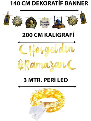 Tekno Trust Altın Ledli Hoşgeldin Ramazan Banner Yazı, Dekoratif Uzar Süs Ay Yıldız Kuran Mahya Cami Temalı Set