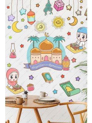 Tekno Trust Çok Renkli Hoşgeldin Ramazan Cami ve Renkli Ramazan Ayı Figürleri Cam Duvar Sticker Seti Ramazan Sü