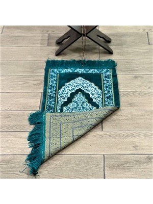 Tekno Trust Düz Saçak Kadife Çocuk Seccadesi - Yeşil 38X80 cm - 180 gr - Tesbih Hediyeli Yeşil Polyester