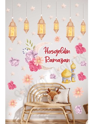 Sticker Ekspres Hoşgeldin Ramazan Çiçekli Hilal ve Fenerler Cam Duvar Kapı Sticker Seti Ramazan Süsü