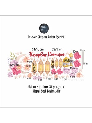 Sticker Ekspres Hoşgeldin Ramazan Çiçekli Hilal ve Fenerler Cam Duvar Kapı Sticker Seti Ramazan Süsü