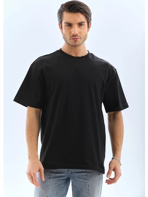 Tarz Yeri Unisex Oversize Düz Bisiklet Yaka T-Shirt - Siyah