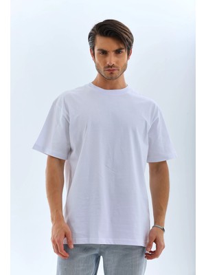 Tarz Yeri Unisex Oversize Düz Bisiklet Yaka T-Shirt - Beyaz