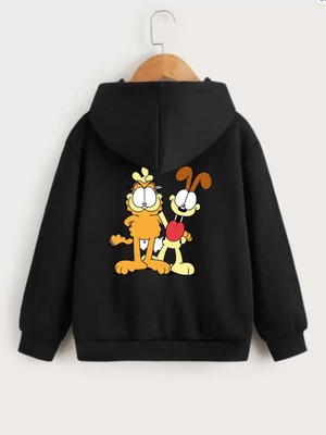 Tarz Yeri Çocuk Unisex Kapüşonlu Ön ve Arka Garfield Baskılı Sweatshirt - Siyah