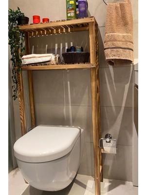 Woodhub Ahşap Klozet Üstü Düzenleyici Ahşap Banyo Rafı Banyo Düzenleyici Natural Dolap MOB176 4 Parça Kahve