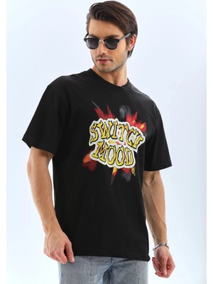 Tarz Yeri Unisex Oversize Baskılı Bisiklet Yaka T-Shirt - Siyah