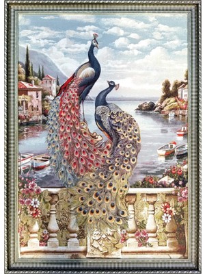 Woodhub Beyaz Tekstil Goblen Dokuma Tablo Kumaşı - Manzara Tavus Kuşu Doğa