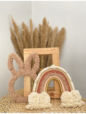 Woodhub Kahverengi Bebek / Çocuk Odası %100 El Emeği Tavşan Kulak ve Gökkuşağı Makrome Şık Duvar Süsü 2li T