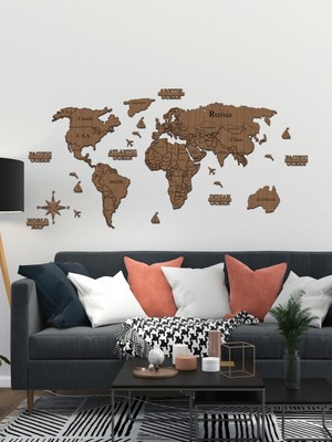 Woodhub Ahşap 2 Boyutlu Ahşap Dünya Haritası Duvar Dekoru World Map Doğa Kahverengi 5+