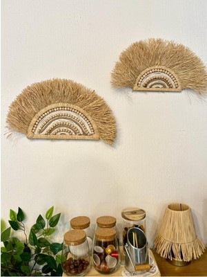 Woodhub Bej 2'li Set Rafya Hasır Yelpaze Ahşap Boncuk Halat Makrome Ip Duvar Süsü El Yapımı 2 Parça Ahşap I