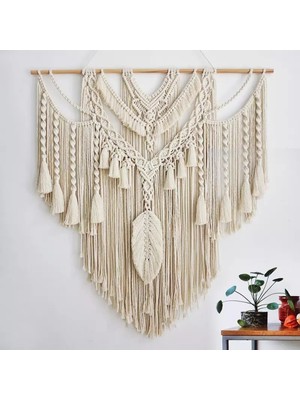 Woodhub Ekru 100 x 100 Çok Şık Dev Boy Bohem Makrome Duvar Süsü 100 x 100