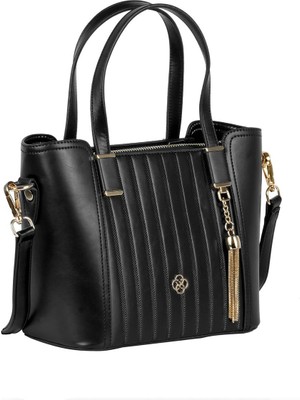 Bagacar Çizgili Siyah Suni Deri Bayan Çapraz El ve Omuz Çantası