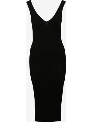 Fabrika Comfort V Yaka Düz Siyah Midi Kadın Elbise FC4SL-ELB0513