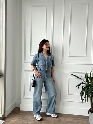 Arzu Emiroğlu V Yaka Mavi Denim Tulum